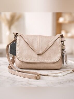 T-Shirt & Jeans Beige Crossbody Bag with Stitched Flap
